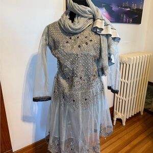 Embroidered Sheer A-Line Dress with Scarf - Light Gray